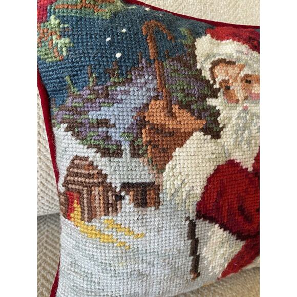 Vintage‎ Needlepoint Small Christmas Pillow Santa Teddy Bear Toy Drum Red Velvet - Picture 3 of 6